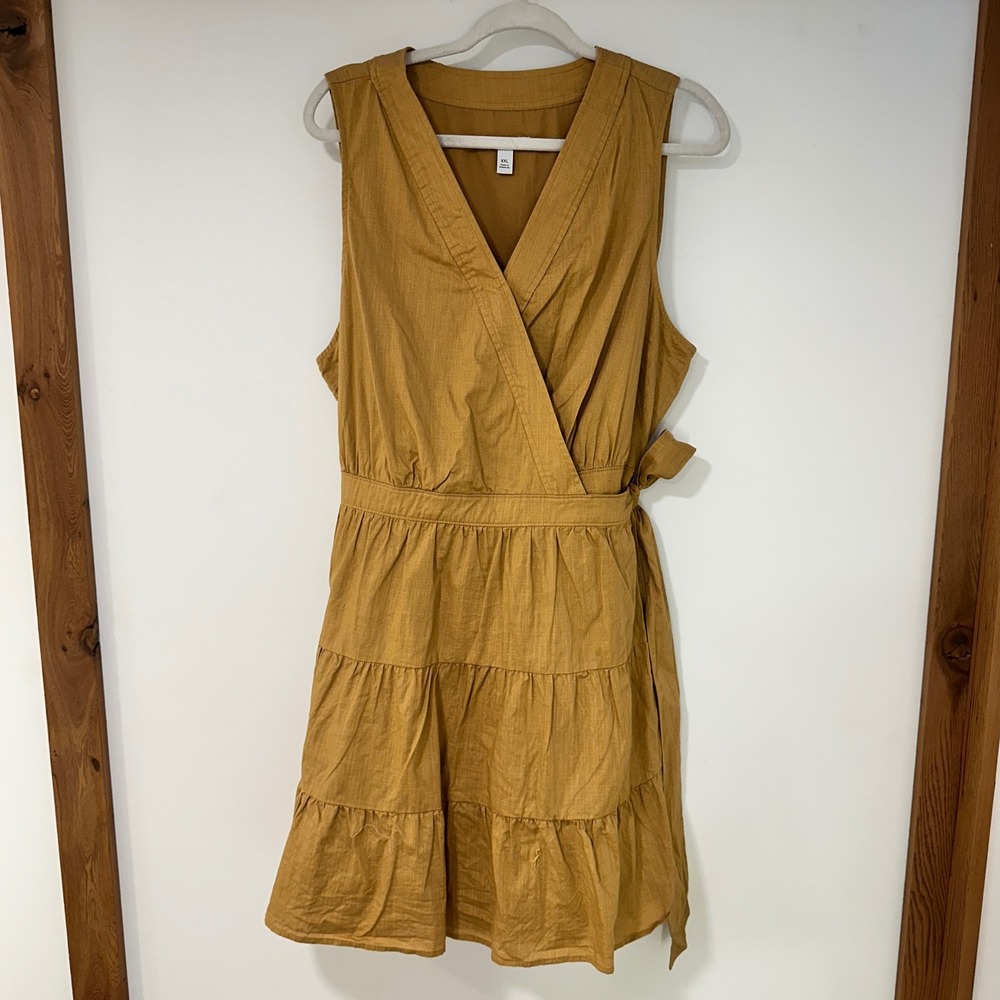 Nine West‎ Wrap Tiered Dress Womens XXL Mustard Yellow Cotton | Cottagecore
